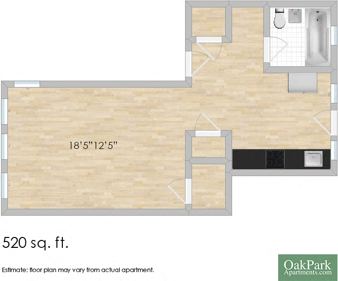Floor plan for studio, 1 bath, 640 sqft